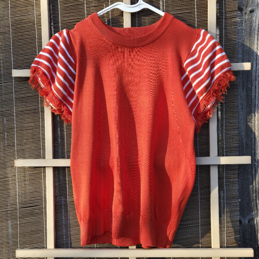 Thml Aspen Orange Fringe Short Sleeve Sweater Small